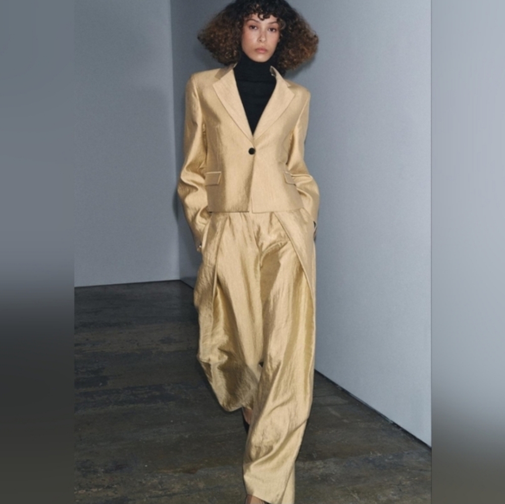ZARA SET 2 pc METALLIC BLAZER JACKET AND WIDE PANTS GOLD SIZE S/M - Picture 5 of 13